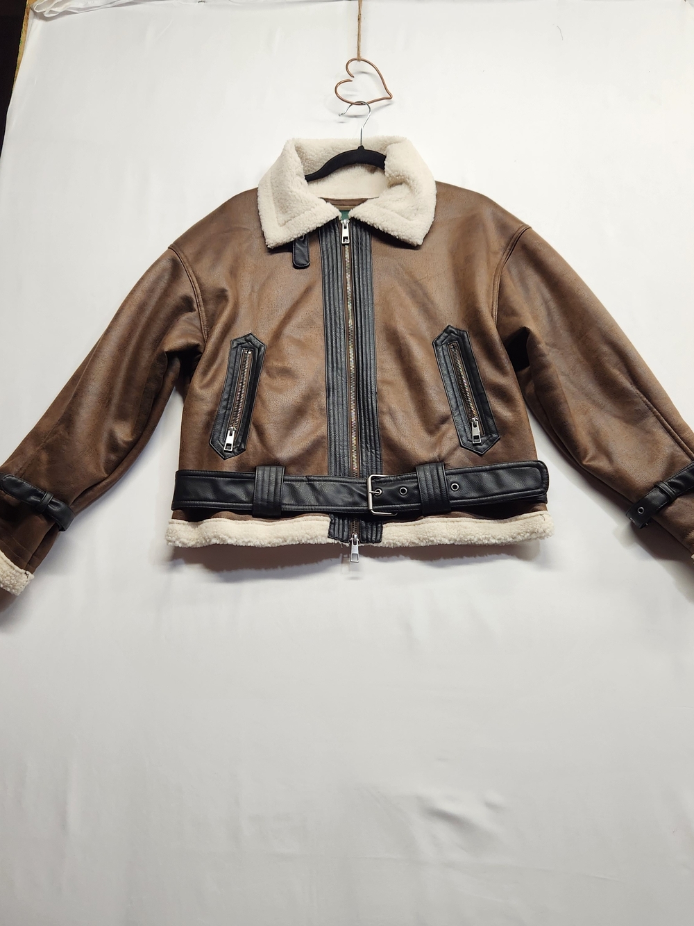 ⭐️NWOT Wild Fable Faux Shearling Aviator Jacket Brown S Distressed Bomber